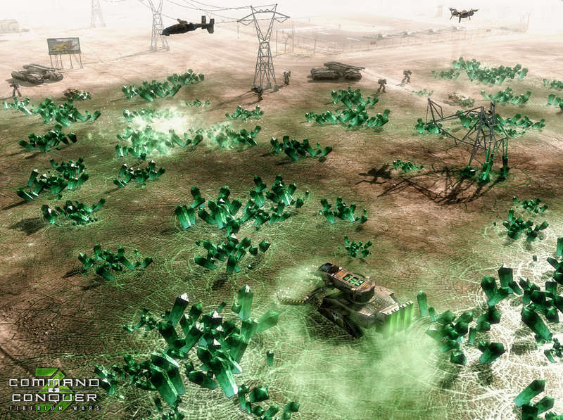 GDI Harvester
GDI Harvester in a Tiberium field with Zone Troopers and Mammoth Tanks in the background and Orcas in the air.
