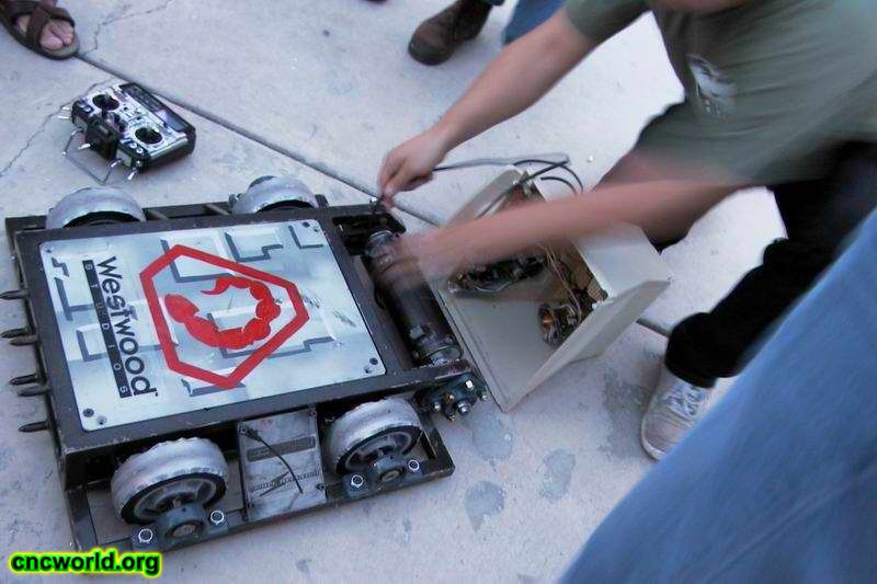 Westwood Battlebot
BattleBot (named "Chameleon") entry being prepped for a test run out back of Westwood. Greg Hjelstrom and Byon Garrabrant built it

You may recognise it from Renegade.
