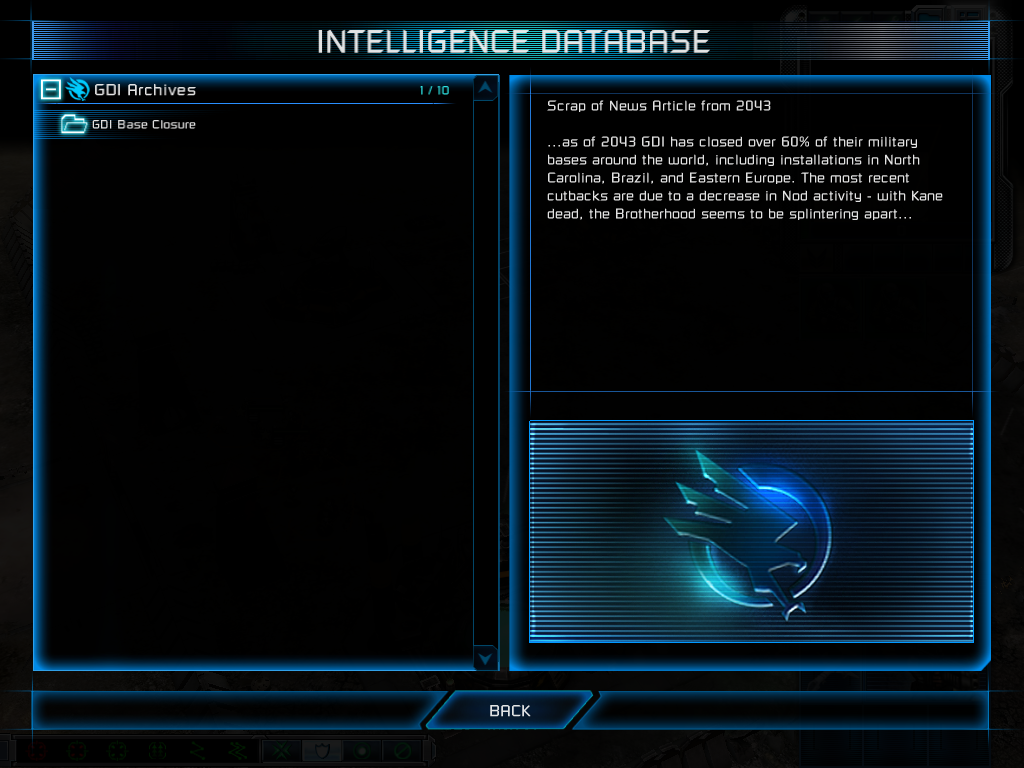 The Intelligence Database
The Intelligence Database fill up with information as the game progresses elaborating on the storyline and what has happened since the last Tiberium War.

