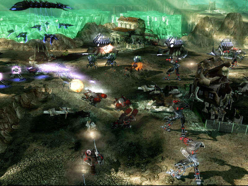 When Aliens Attack
The 3rd Faction attacking Nod in one of our coveted Red Zones. Youâ€™ll notice in the background the Planetary Assault Carrier. This base-destroying artillery flying structure flies very slowly over the terrain but comes equipped with 8 Invader class fighters, it has one of the coolest deploy animations Iâ€™ve ever seen and when the Invaders are flying around, it looks like an insane dog-fighting war mixed with ground artillery. It is lethal weapon for the 3rd Faction, one that can be powerful if used correctly. It is by far my favourite unit in the game, simply because of the way the Invader ships deploy off it and land on it and fly around like maniacal alien pilots.
